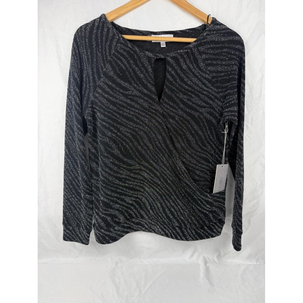 Jennifer Lopez Black Silver Metallic Swirl Top Keyhole Neck Long Sleeve M NWT